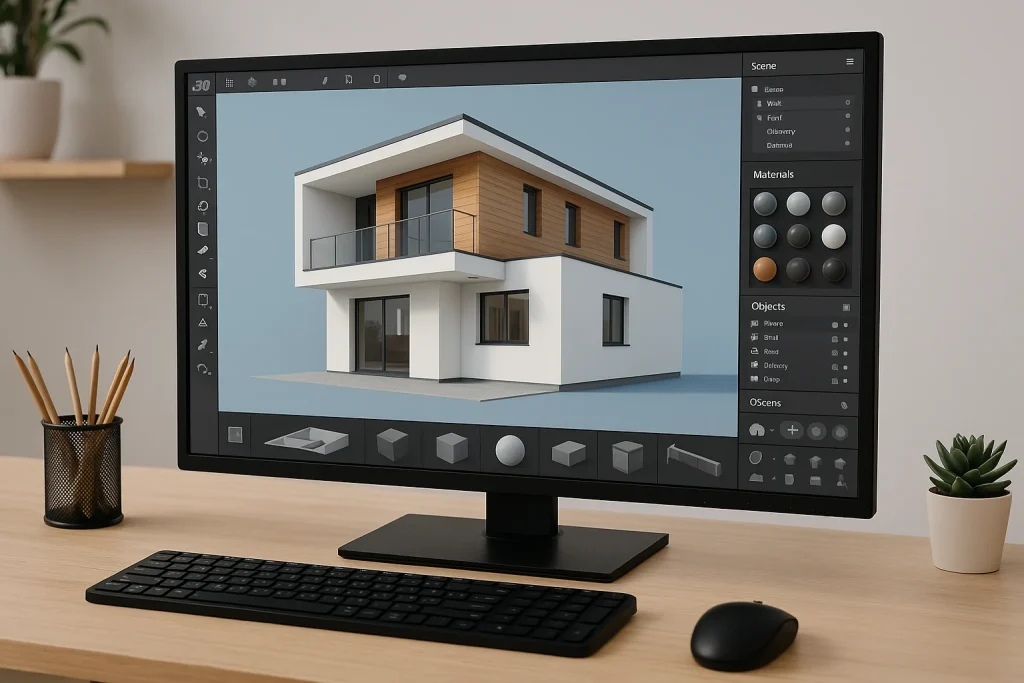 Tampilan antarmuka aplikasi 3D desain dengan model rumah digital dan fitur rendering.