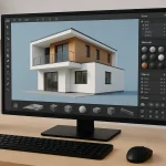 Tampilan antarmuka aplikasi 3D desain dengan model rumah digital dan fitur rendering.