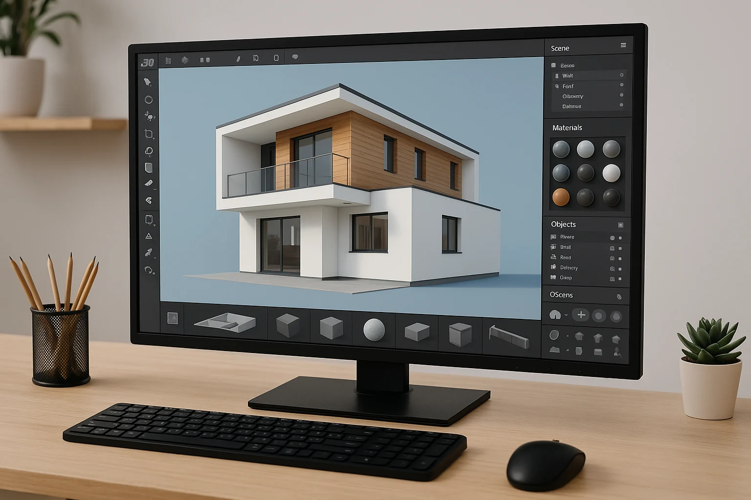 Tampilan antarmuka aplikasi 3D desain dengan model rumah digital dan fitur rendering.