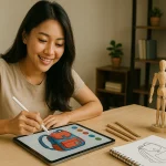 Contoh gambar desain produk sederhana menggunakan template minimalis di Canva.